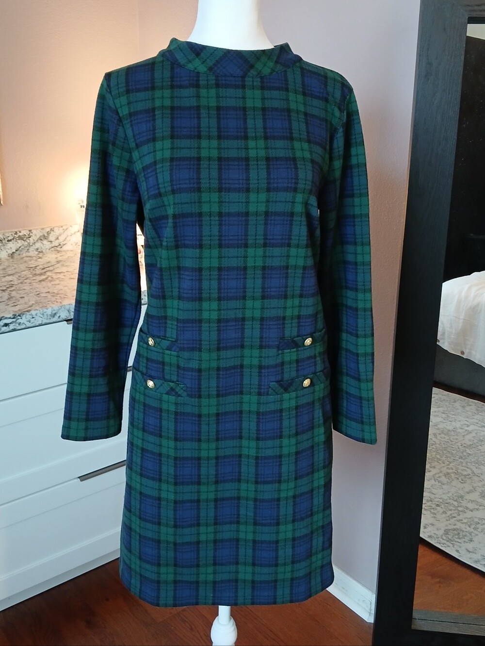 Talbots Scottish Plaid Tartan Dress Blue Green Sz 10P Petite Sheath Style